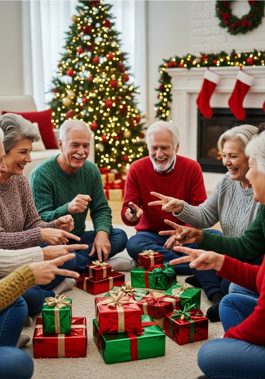 Adults playing rock paper scissors switch gift exchange game in circle with wrapped Christmas presents at holiday party