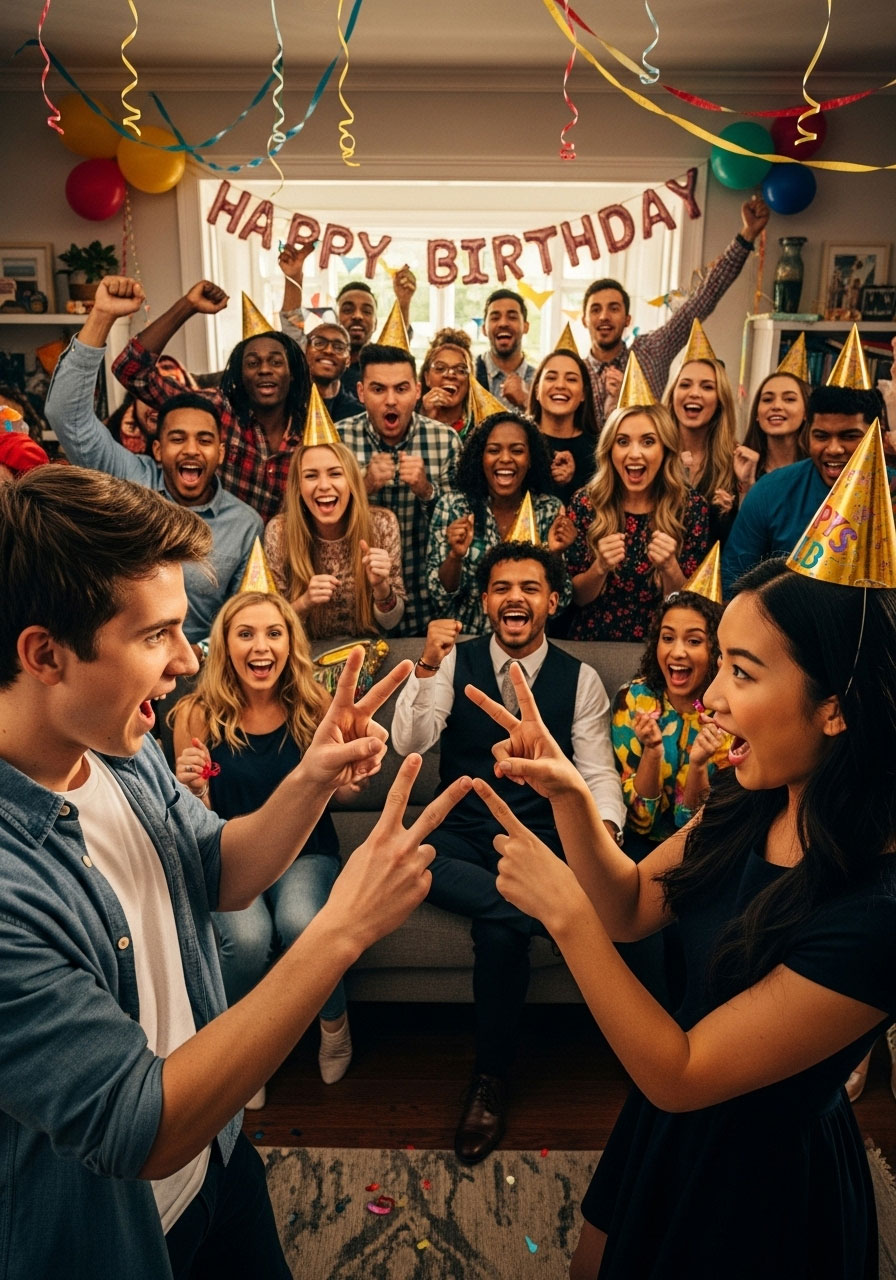 Rock Paper Scissors tournament finals with cheering crowd at birthday party celebration