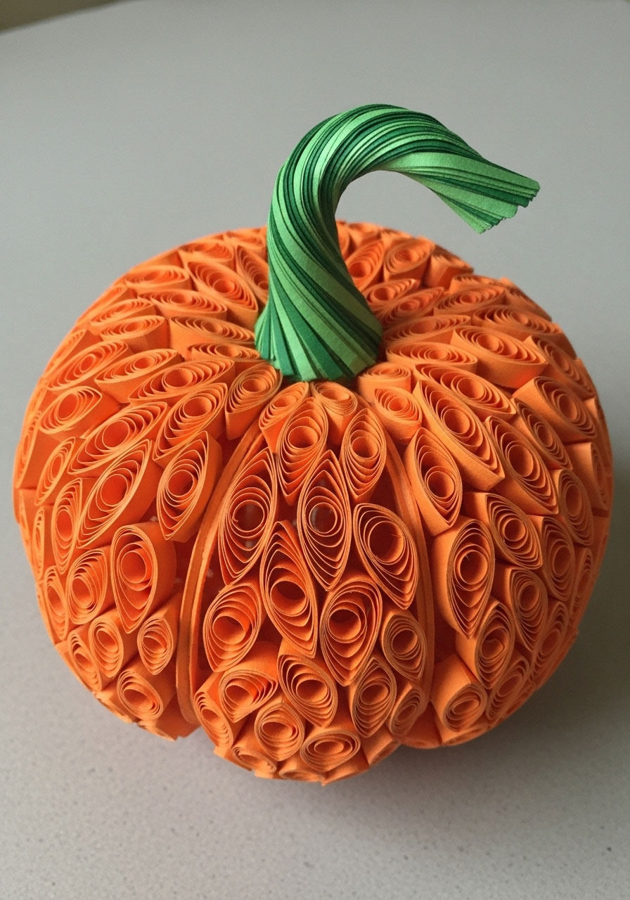 Rolled paper pumpkin craft with curled strips for children