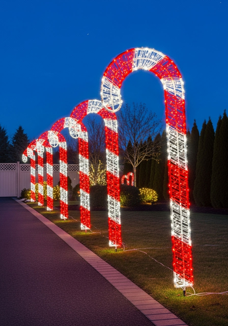 DIY candy canes made from rope lights on driveway