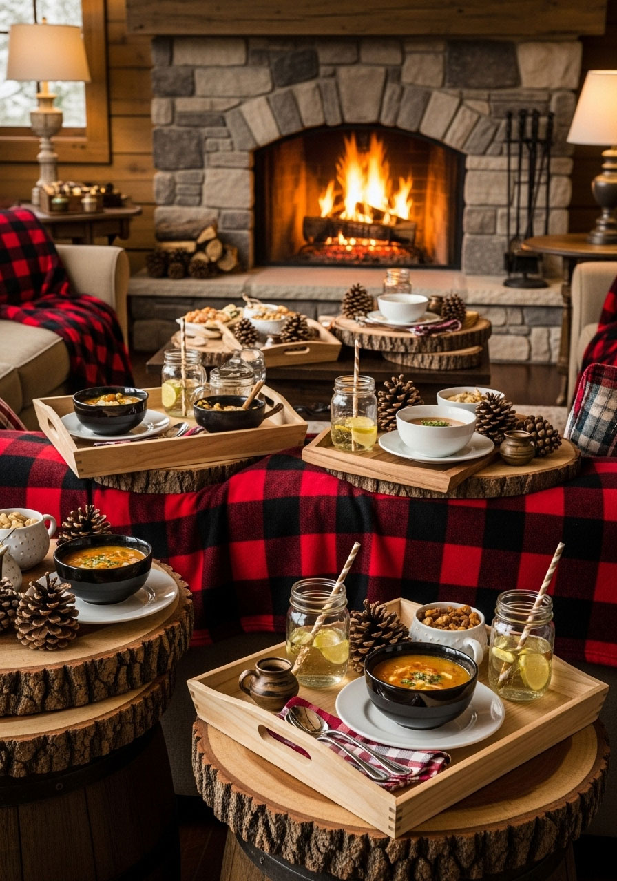Rustic cabin themed fall soup party with buffalo check blankets, fireplace, wood accents, and cozy living room setup