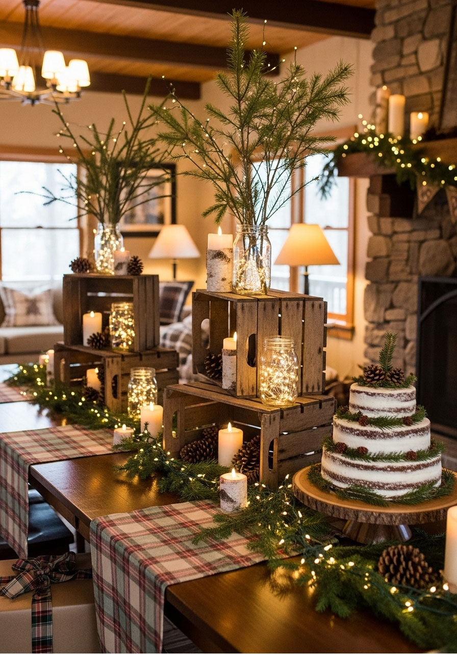 Rustic winter cabin baby shower theme for boys with wooden accents, plaid decorations, and authentic cabin party setup