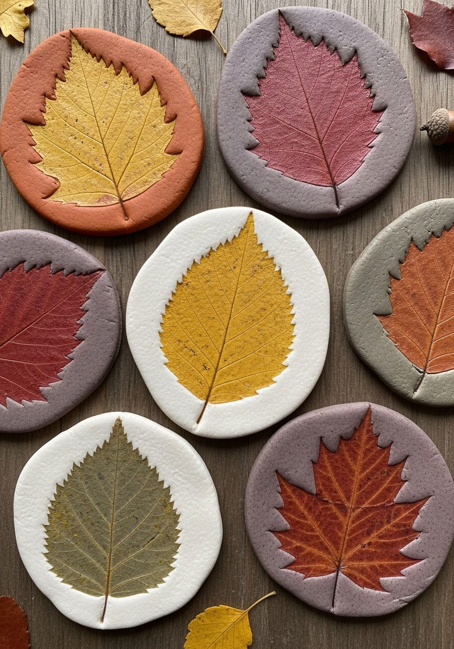 Salt dough fall leaf prints craft showing textured leaf impressions for children