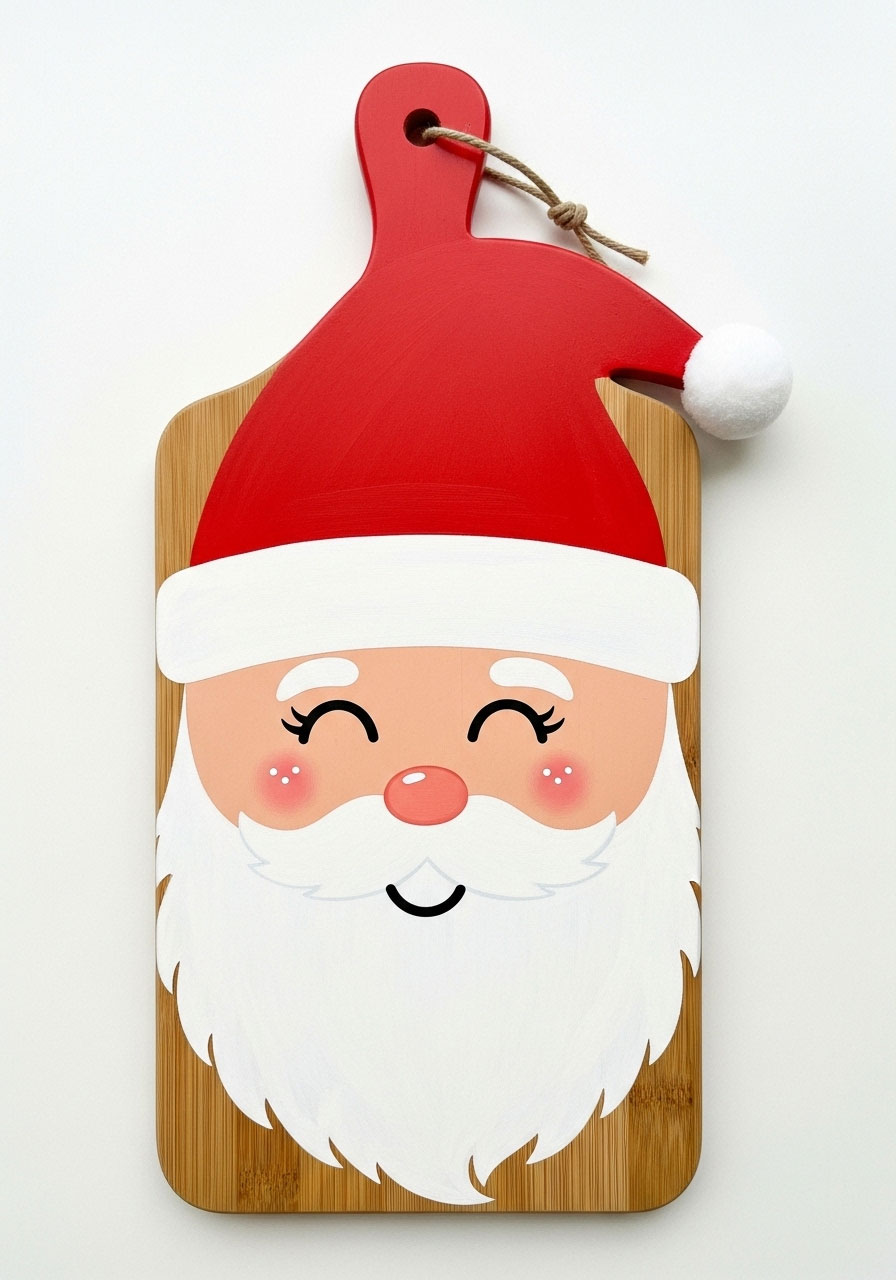 Santa Claus face painted on Dollar Tree cutting board with red hat and white beard for playful Christmas decoration