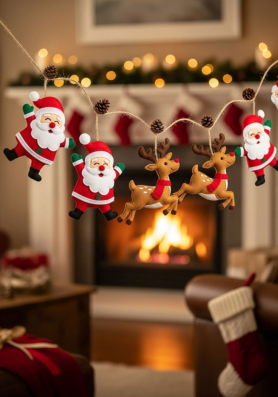 Finished Santa and reindeer garland showing character cutouts with embroidered details