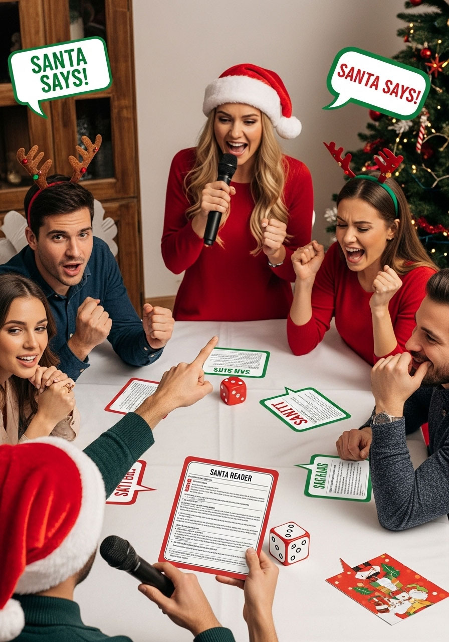 Santa Says dice challenge: game leader reading rules to confused players at Christmas party with clear command system