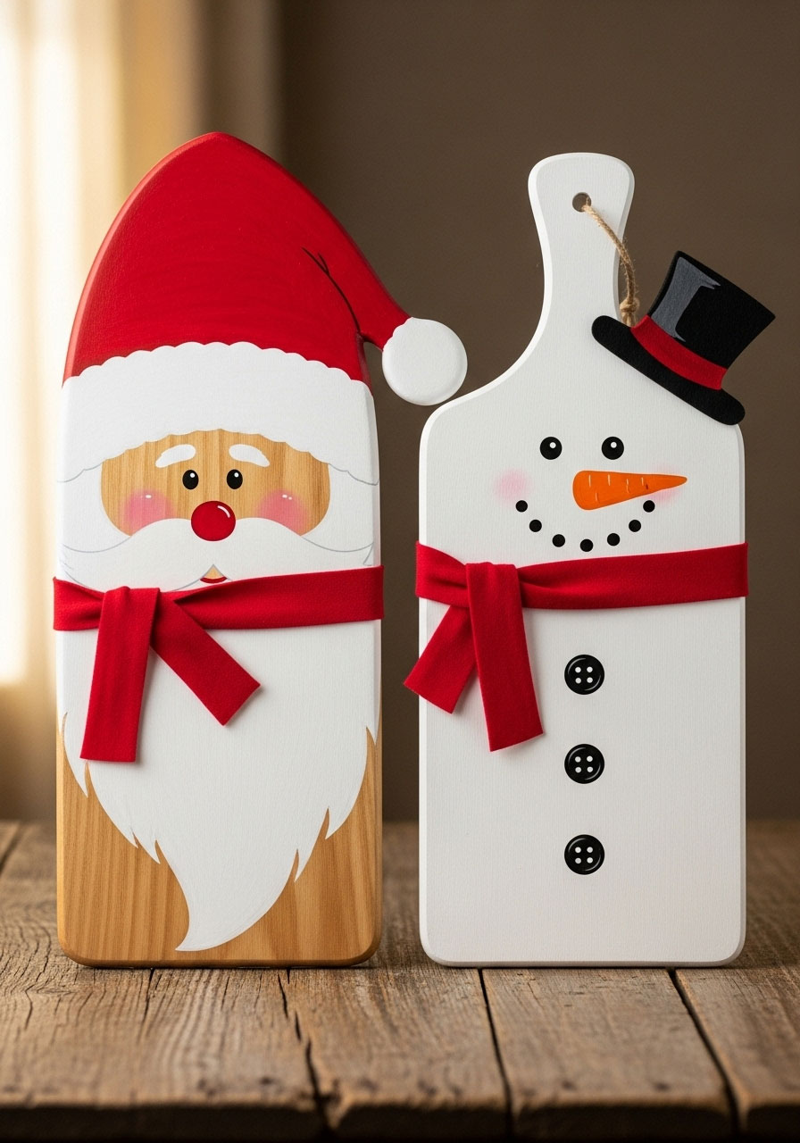 Matching Santa and snowman Dollar Tree cutting board set with coordinating painted designs for paired Christmas decor