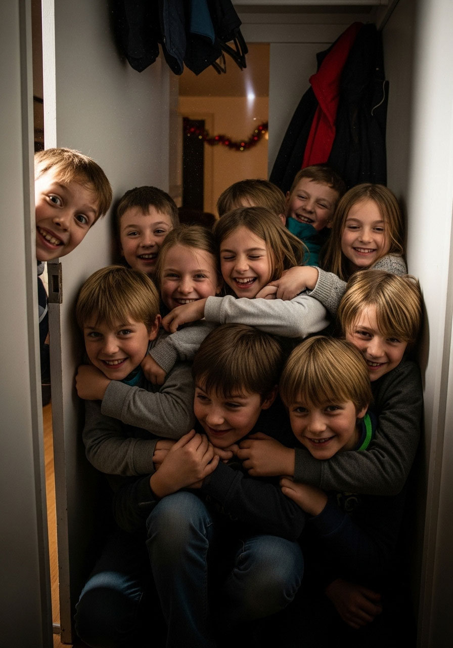 Kids packed together in hiding spot during sardines game at indoor birthday party