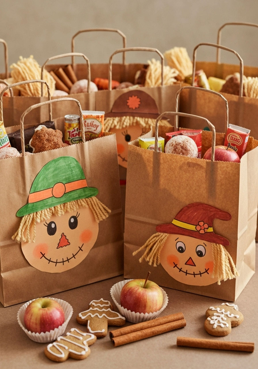 Scarecrow treat bags craft decorated for autumn parties for kids