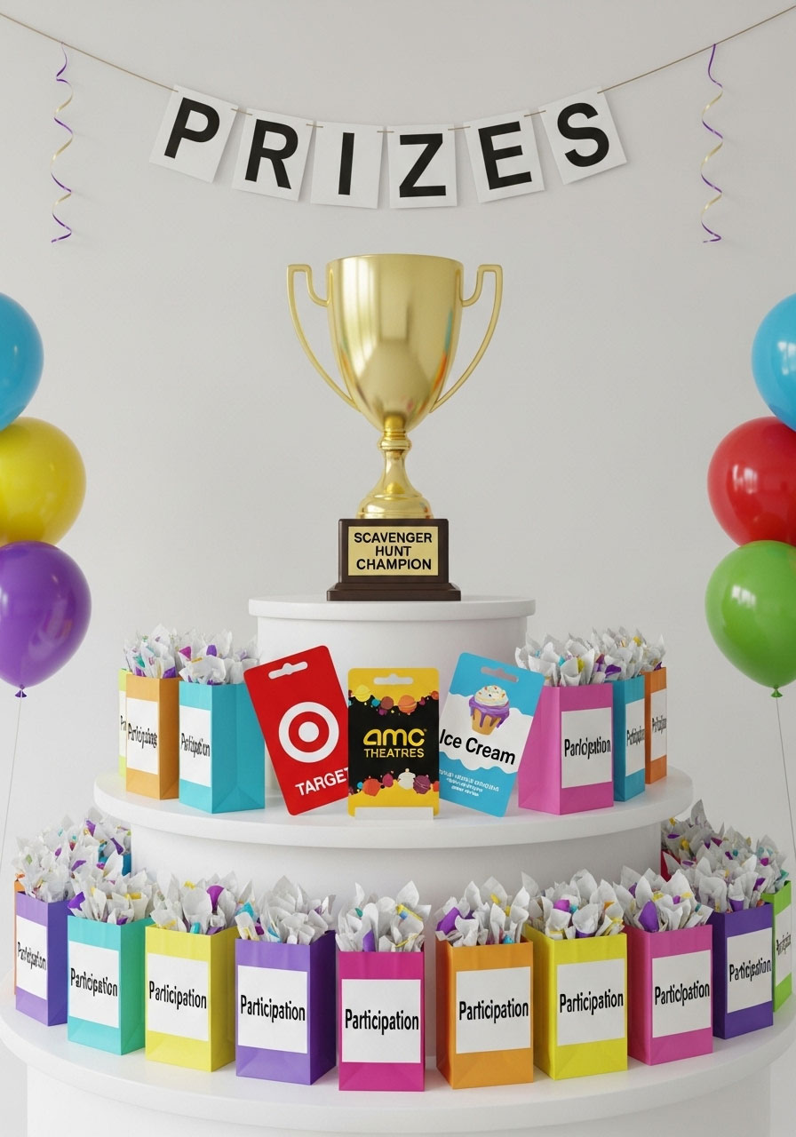 Prize table displaying trophies and gift card rewards for teen birthday scavenger hunt winners