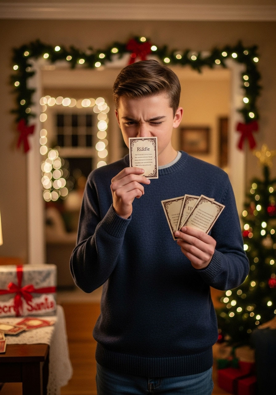 Teenager following trail of riddle clue cards through Christmas-decorated house searching for hidden Secret Santa gift during holiday party