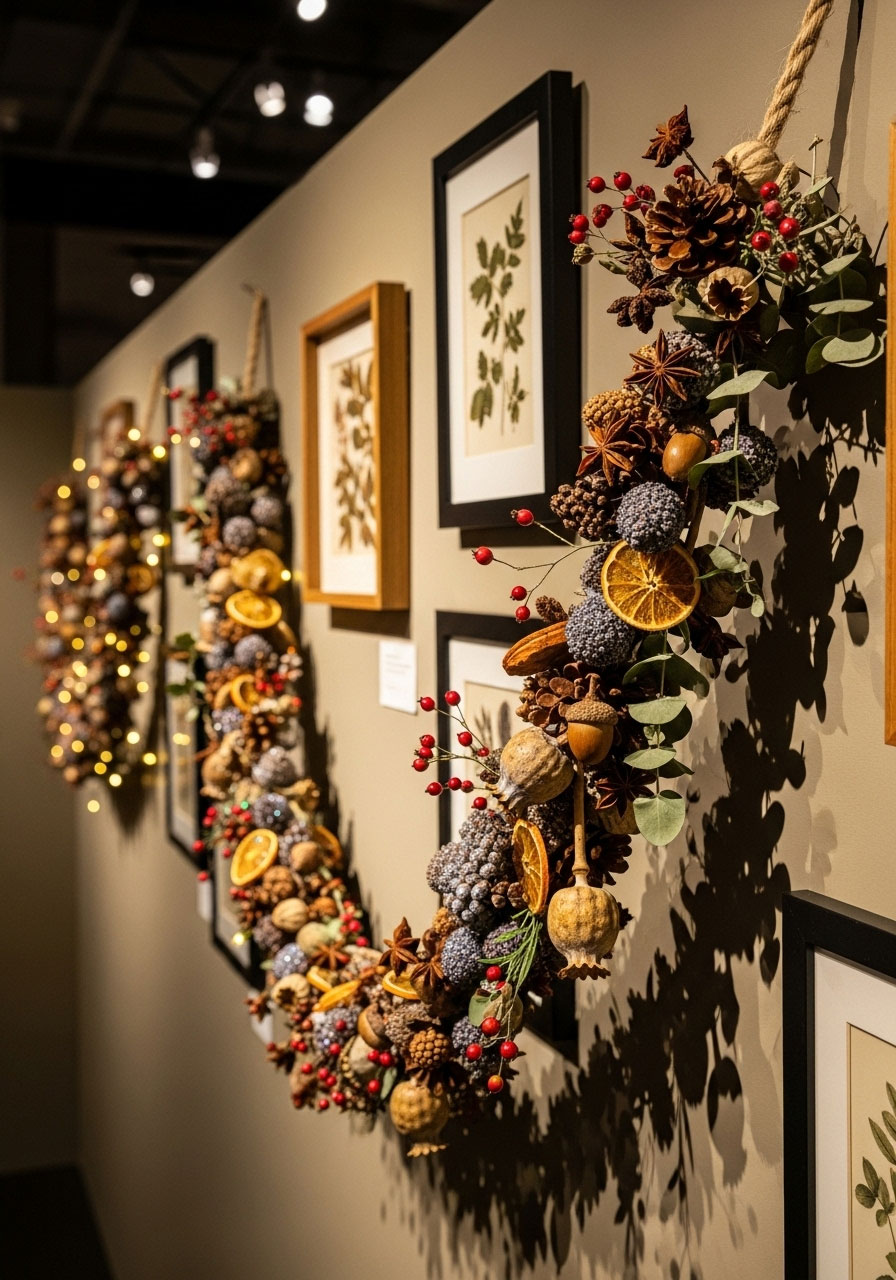 Finished seeds and pod garland showing natural botanical elements in artisan arrangement