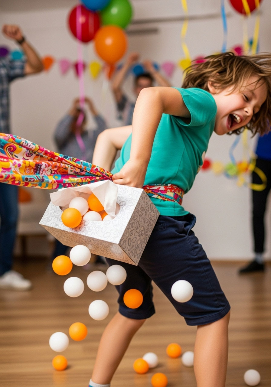 Child shaking tissue box on waist to remove ping pong balls at birthday party game