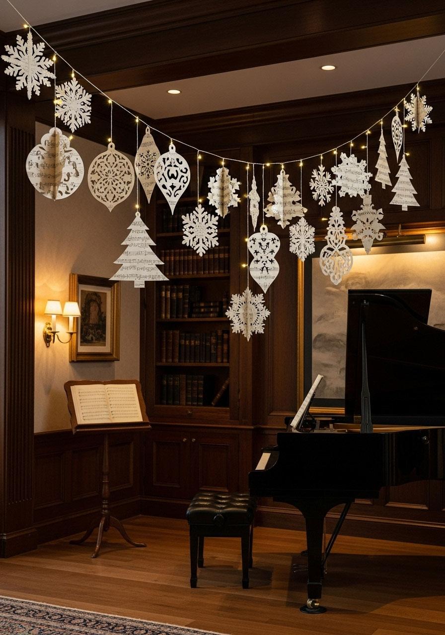 Finished sheet music garland showing festive cut shapes and folded pieces in artistic display
