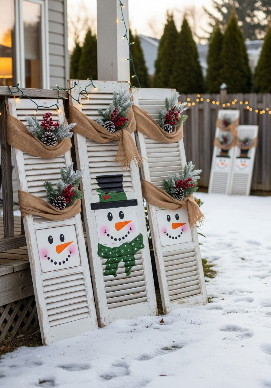 DIY snowmen from vintage painted shutters with scarves