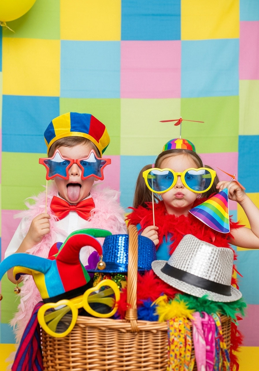 Kindergarten children making silly poses at photo booth with props at birthday party