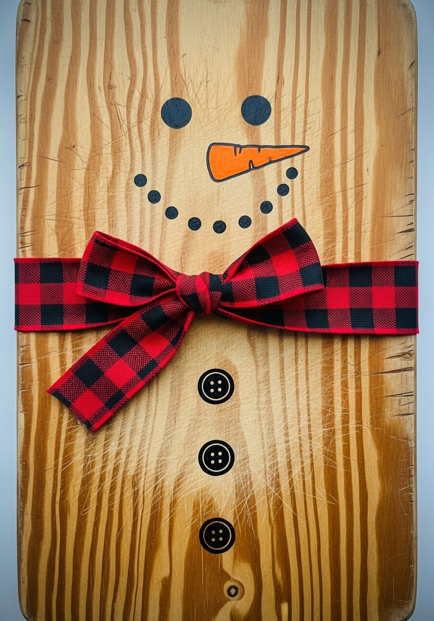 Simple snowman face on natural wood grain Dollar Tree cutting board with plaid ribbon for minimalist rustic Christmas decor