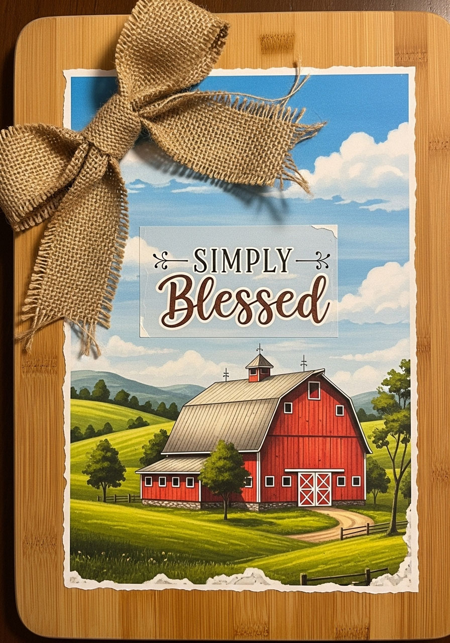Simply Blessed Dollar Tree cutting board craft with red barn farmhouse design and burlap ribbon for country Christmas decor
