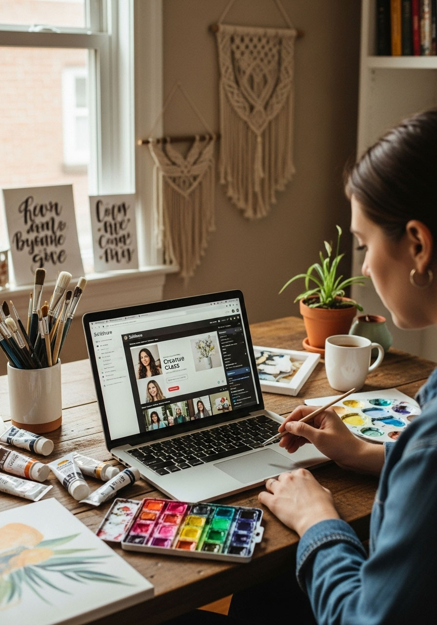 Person using Skillshare subscription for online learning as Christmas educational experience gift