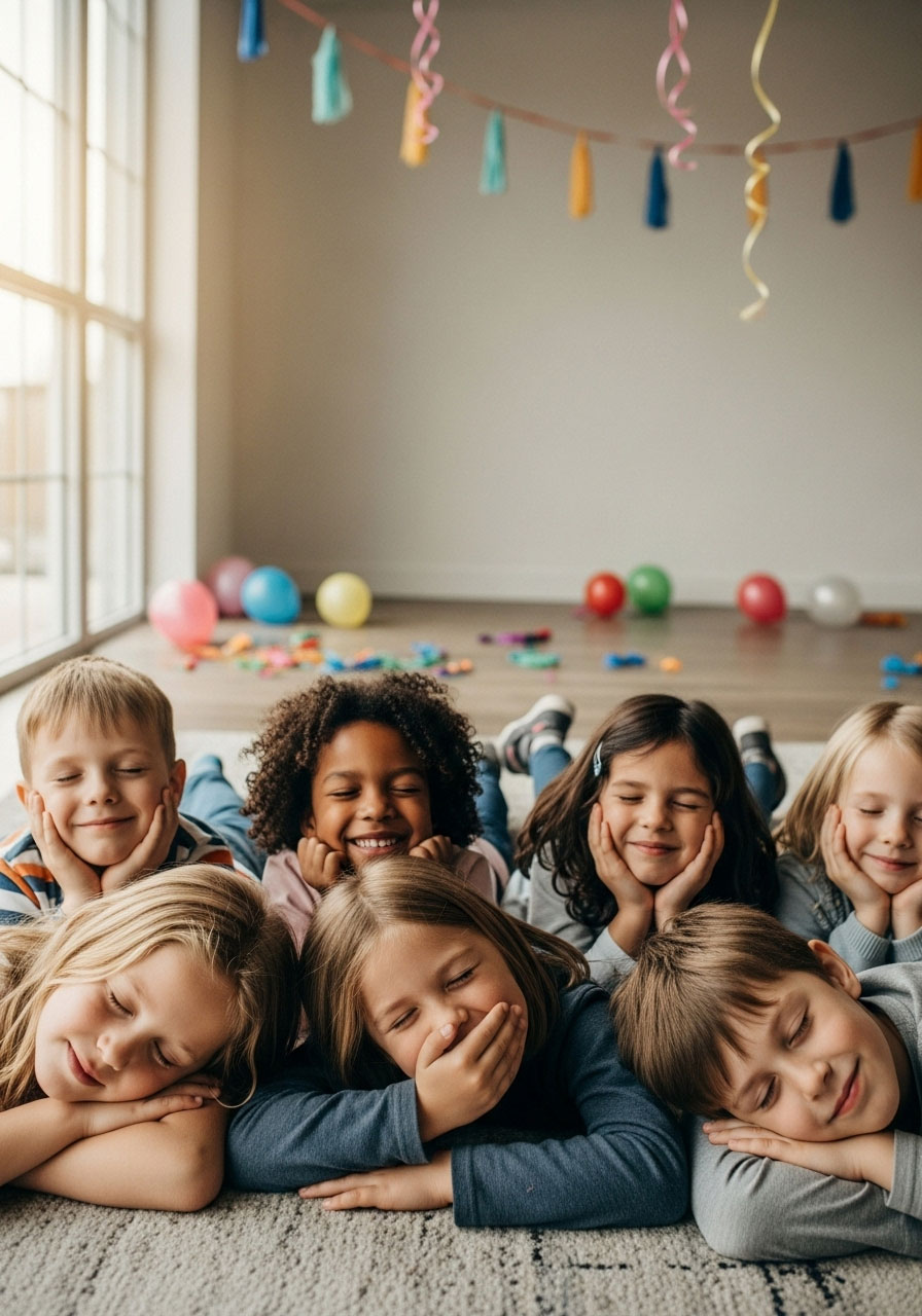 Children lying still on floor playing sleeping lions quiet game at indoor birthday party