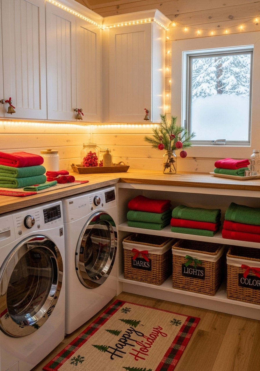 Cabin laundry room decorated with sleigh bells on knobs, festive mat, holiday towels, and organized sorting baskets