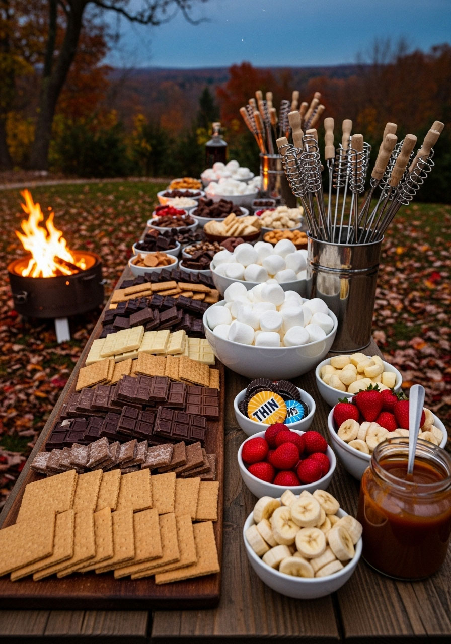 Interactive s'mores bar with ingredients, fire pit, and roasting sticks at fall festival
