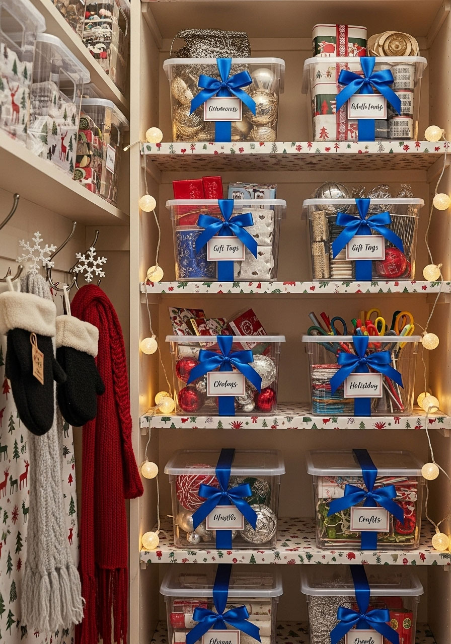 Organized cabin closet decorated with snowflake hooks, festive liners, labeled bins, and string lights for holiday storage