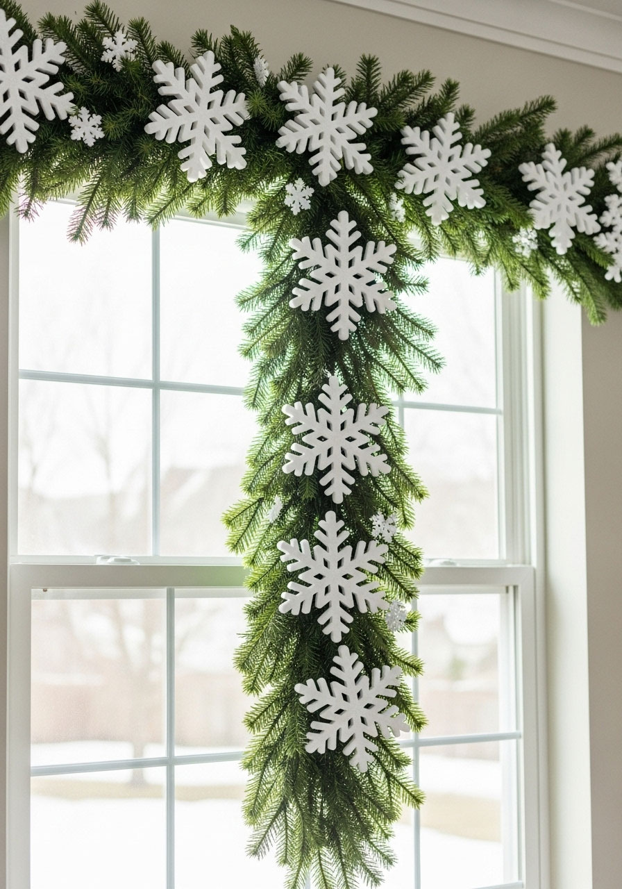 Finished snowflake and greenery garland on window showing white snowflake placement on green base