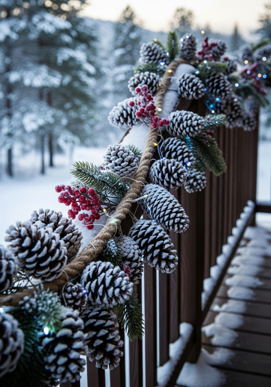 Finished snowy pinecone garland on porch showing white frosted pinecones with sparkle effect