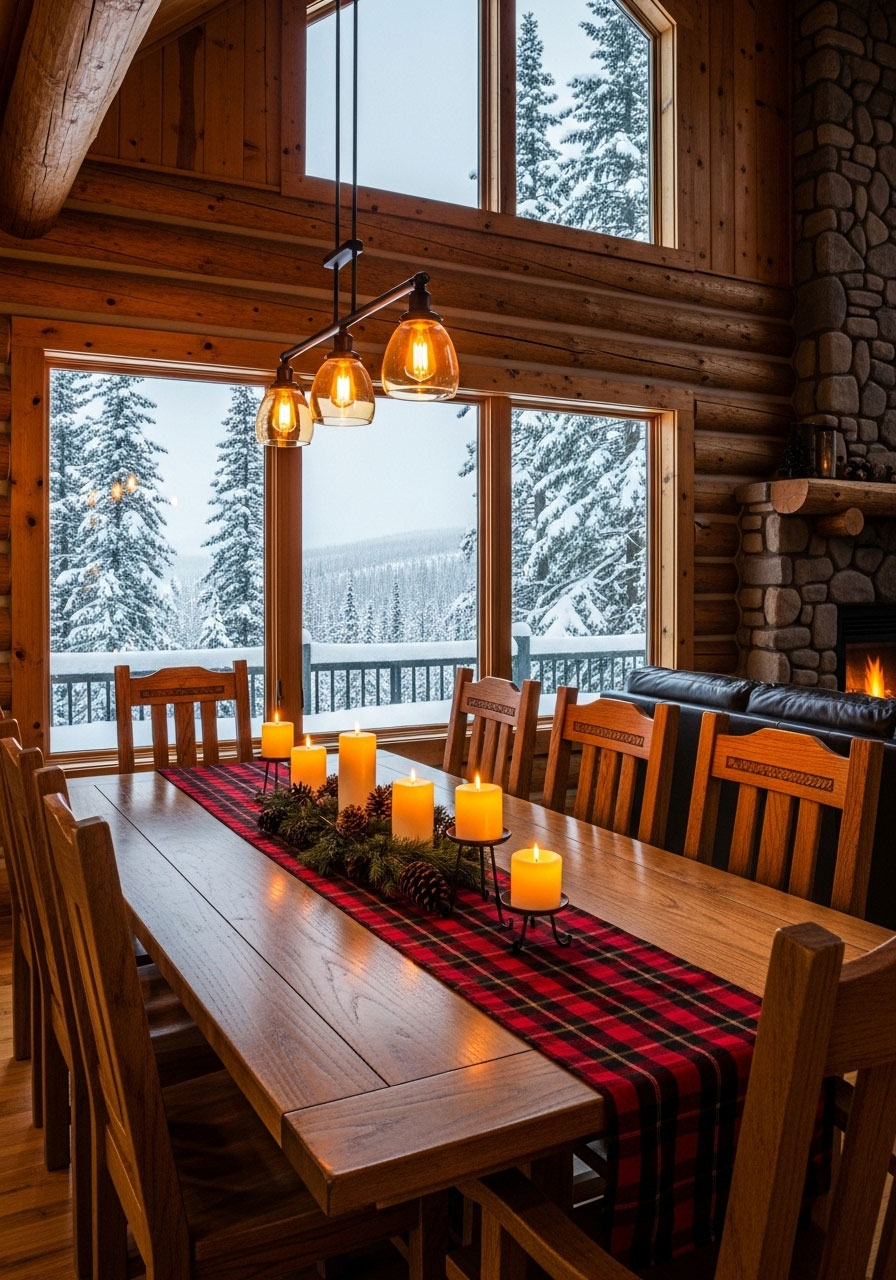 Rustic cabin dining room with festive table setting, plaid runner, candles, and large windows showcasing snowy winter forest views