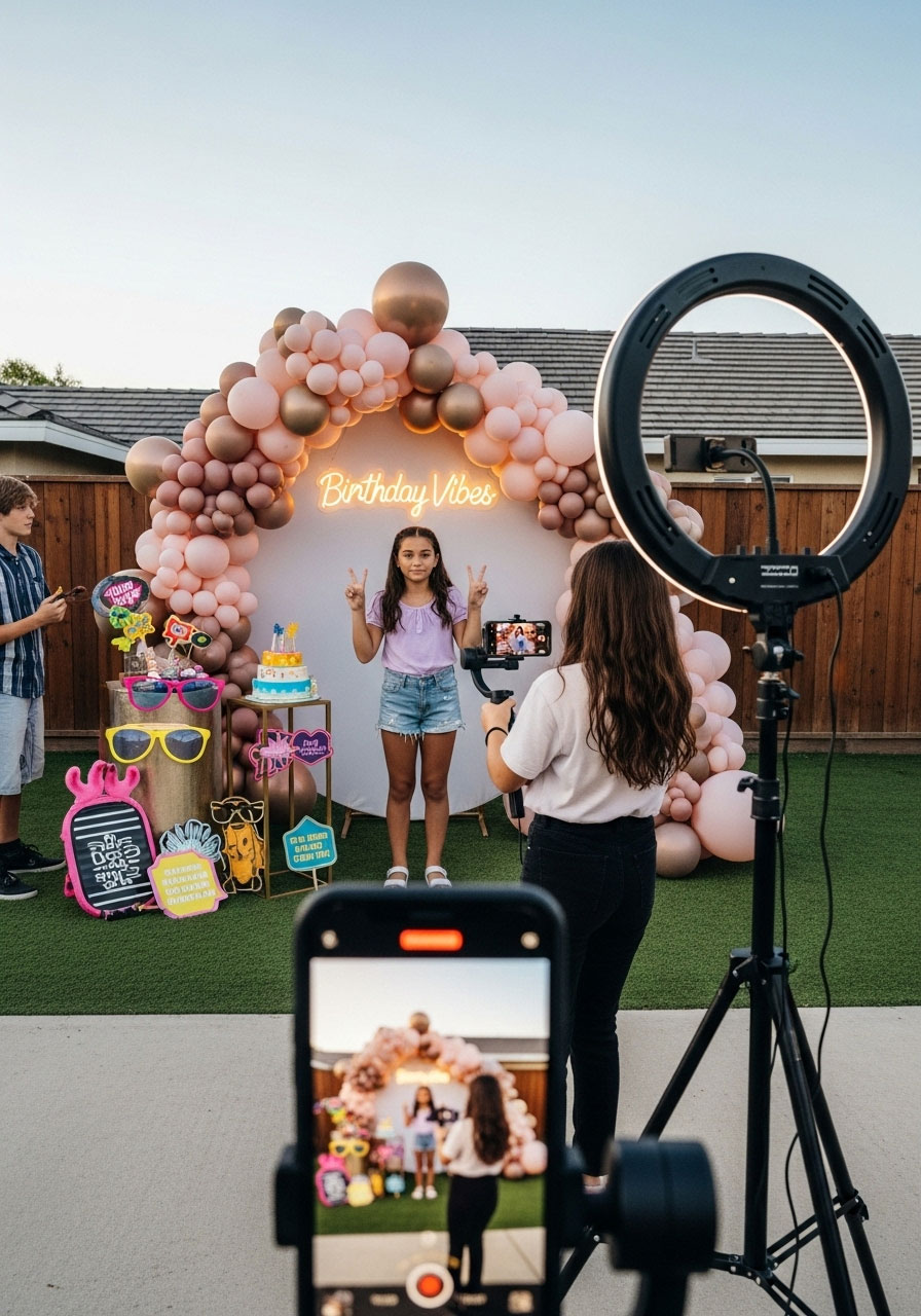 Teens creating social media content at Instagram-worthy station during influencer-themed scavenger hunt