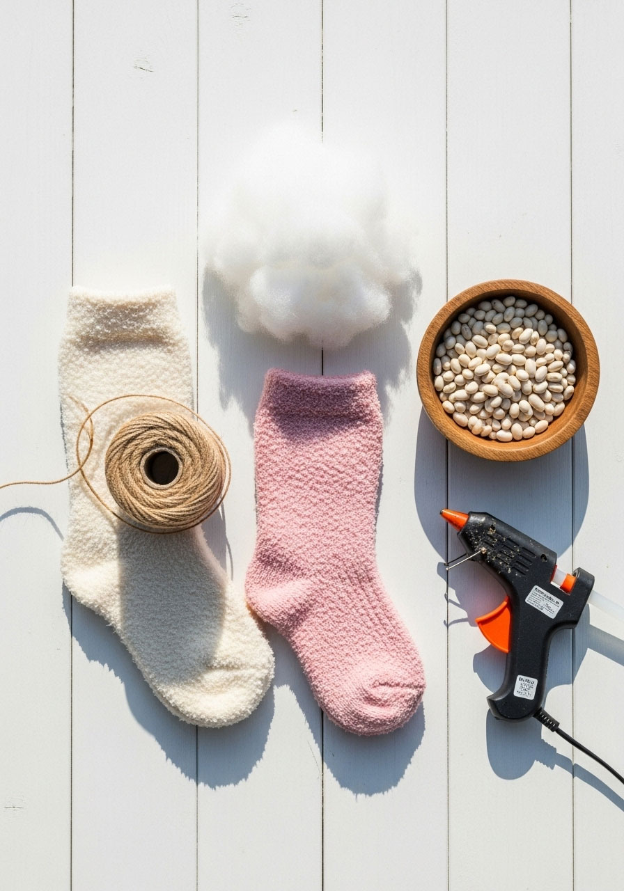 Complete supplies needed to make fuzzy sock pumpkins including fuzzy socks, jute twine, fiberfill, and dried beans for DIY fall craft