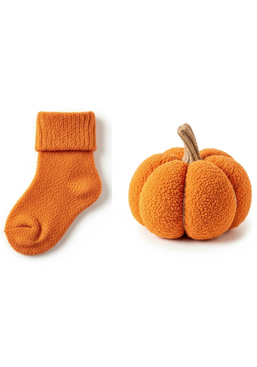 Before and after comparison showing fuzzy sock transformed into adorable fluffy pumpkin decoration with jute twine stem