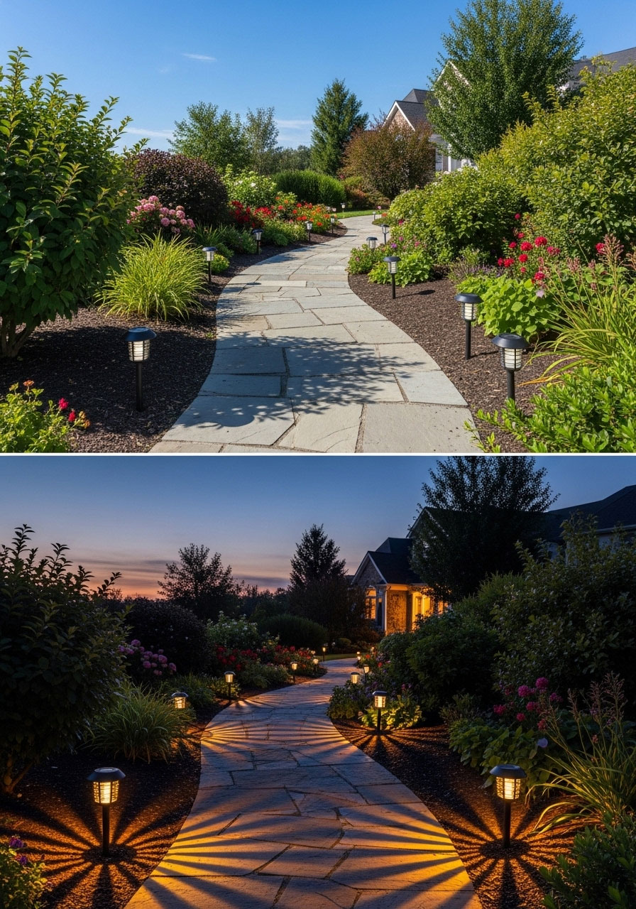 Solar-powered pathway lights lining walkway to porch entrance, providing safe illuminated guide for holiday guests