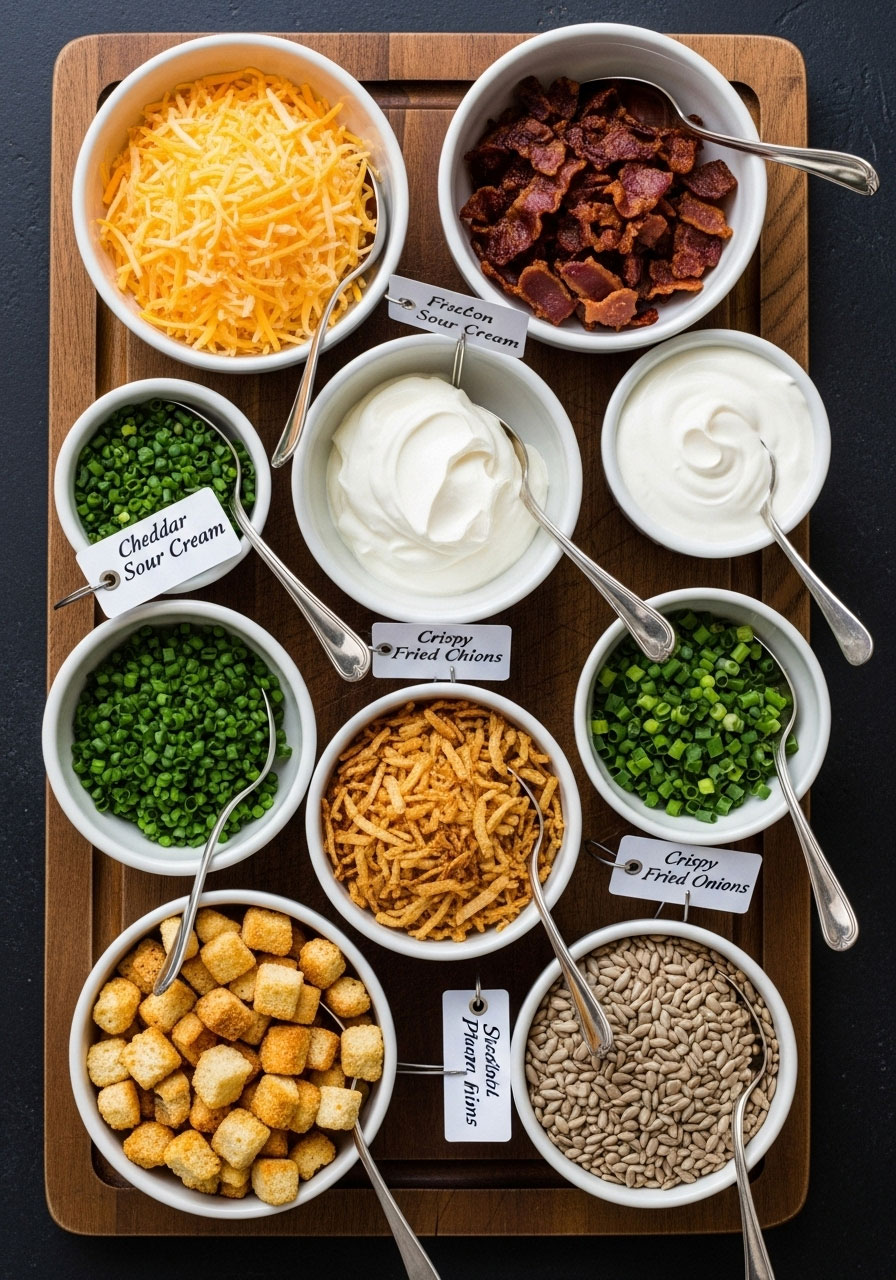 Soup toppings bar with variety of garnishes including cheese, bacon, sour cream, chives, and crispy onions in small bowls