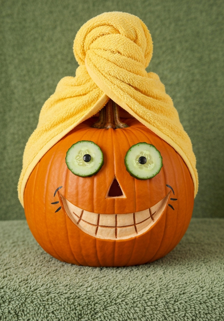 Funny pumpkin with towel turban and cucumber eyes creating hilarious spa day themed decoration