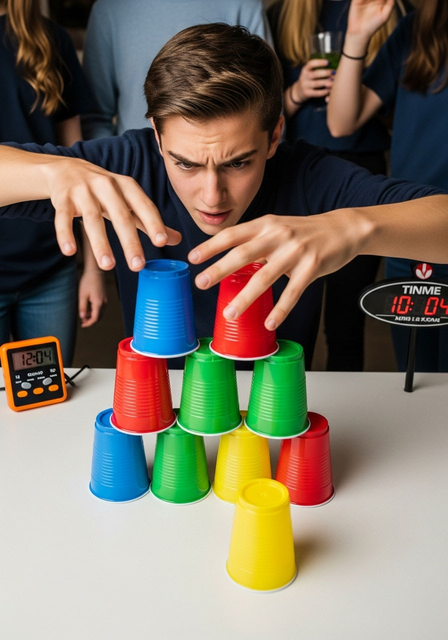 Teenager speed stacking plastic cups in pyramid at party competition