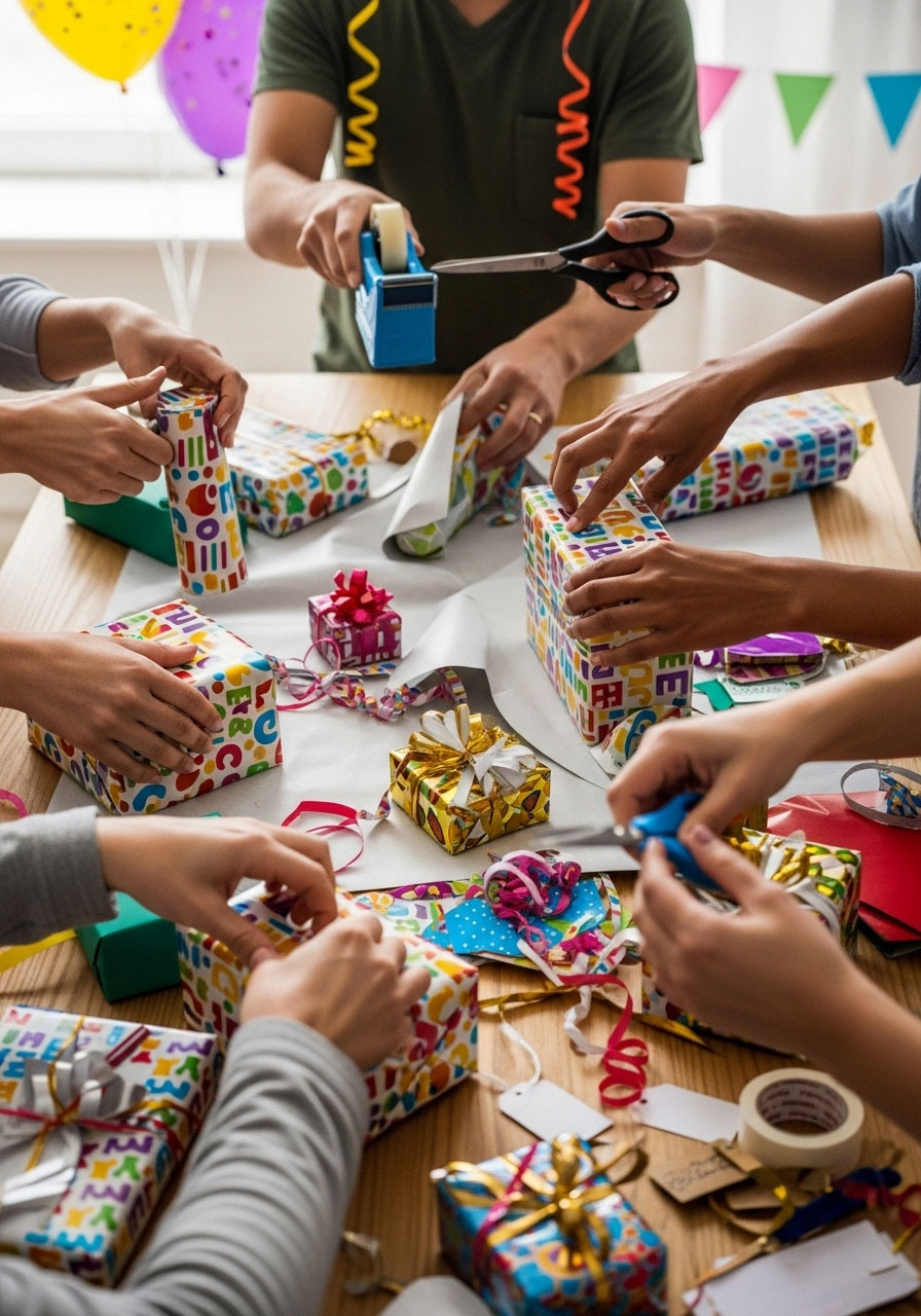Hands quickly wrapping birthday gift with paper and tape during timed party game challenge