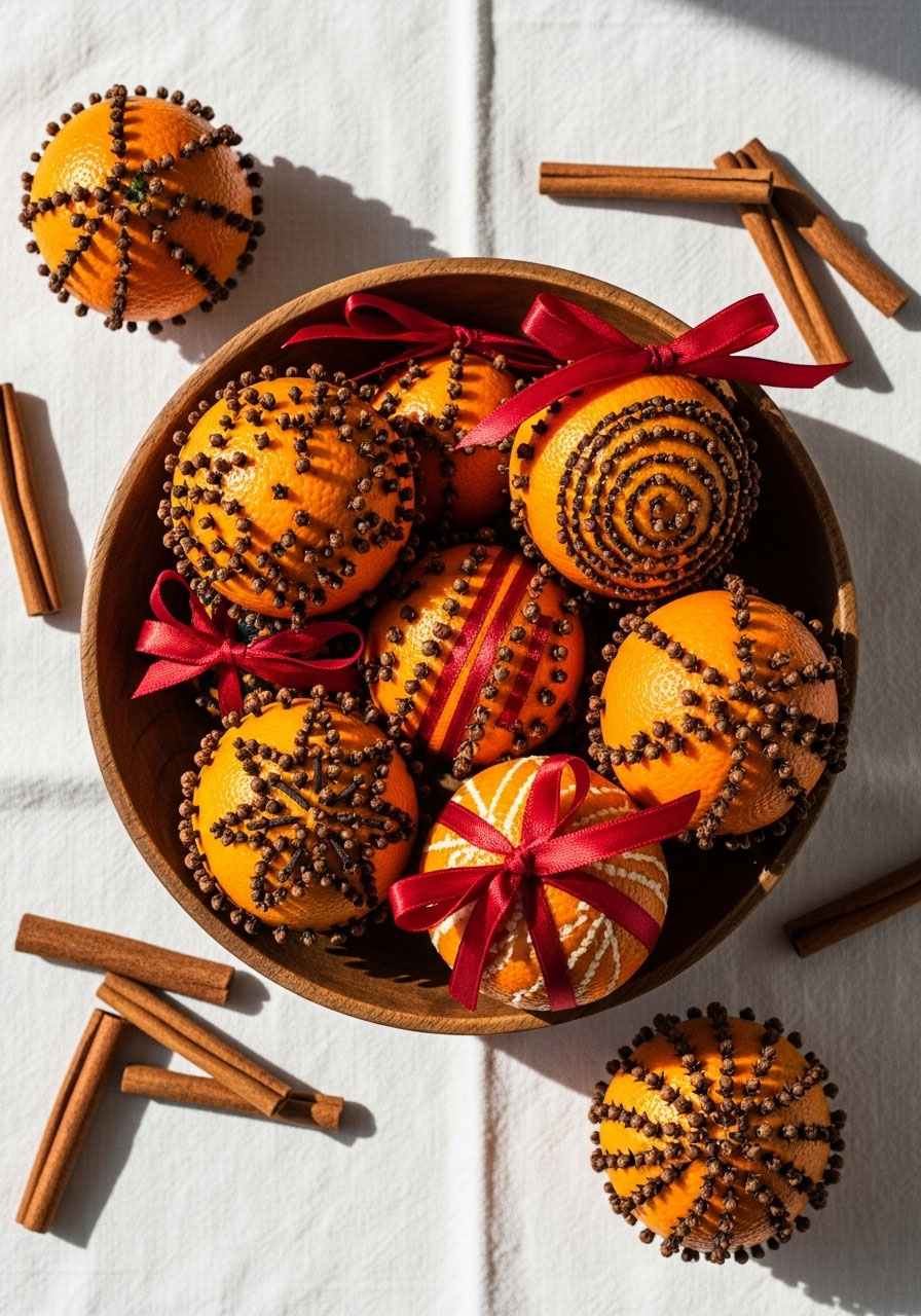 Homemade spiced orange pomander balls studded with cloves and tied with festive ribbon in rustic wooden bowl for old-fashioned Christmas decoration