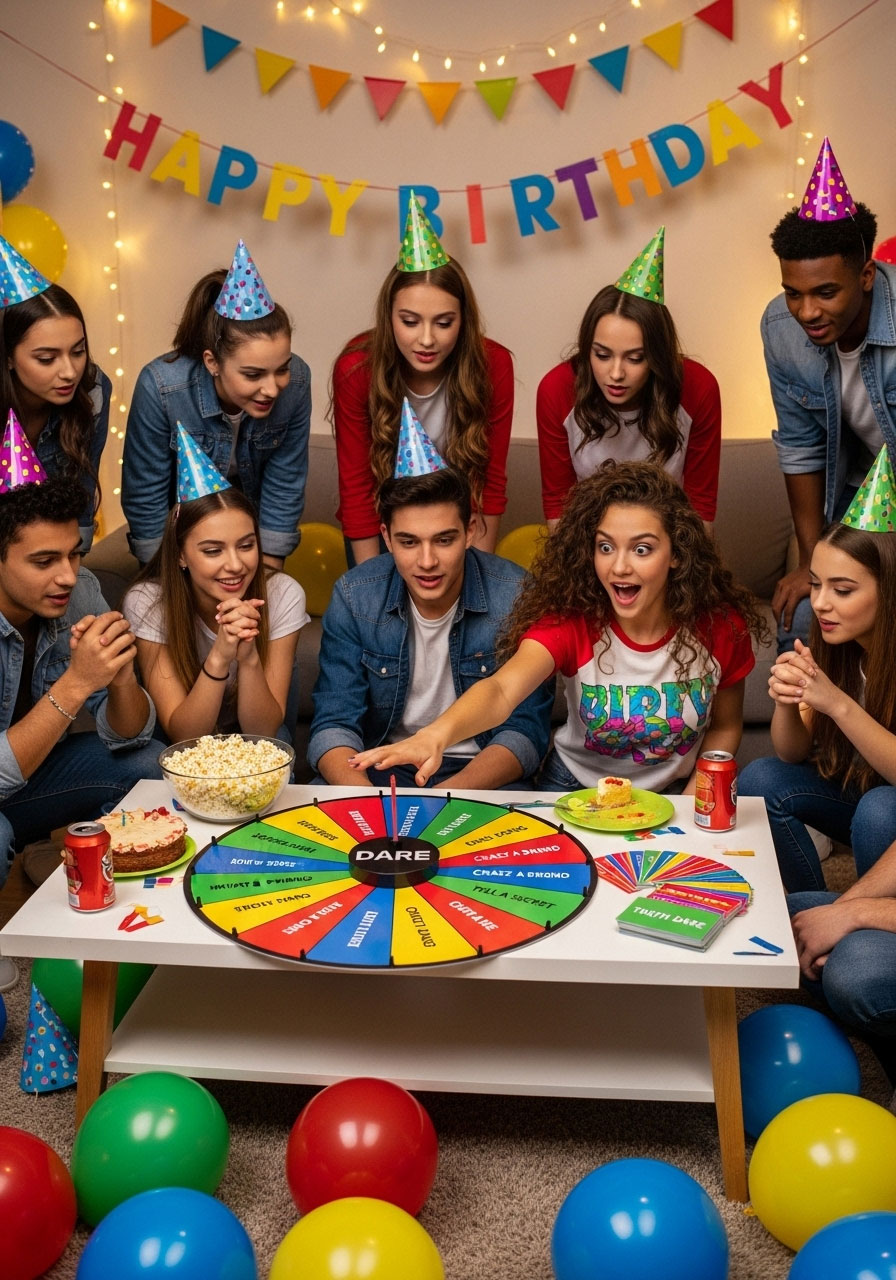 Teenager spinning dare wheel with friends watching at party challenge game