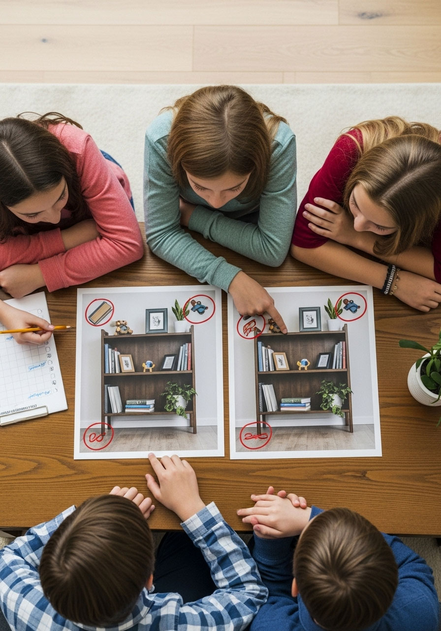 Teenagers examining two photos to spot differences during scavenger hunt challenge