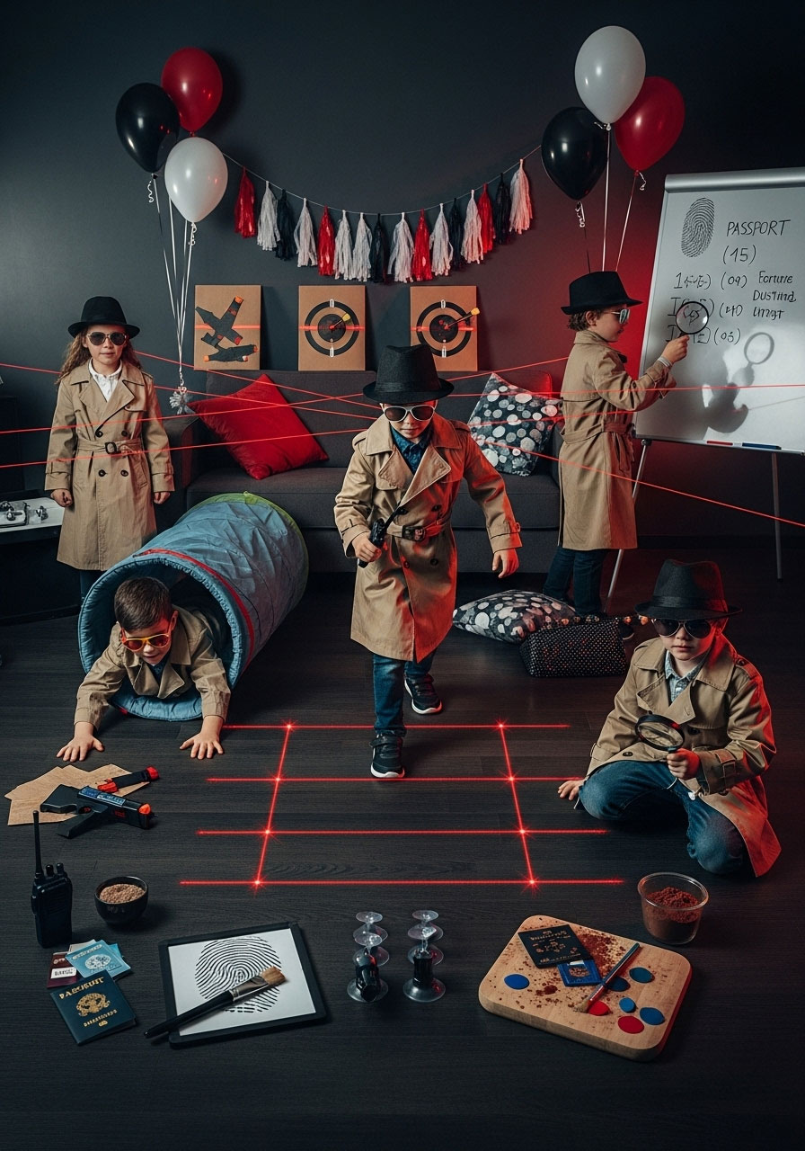 Children as spies completing obstacle course stations at indoor birthday party