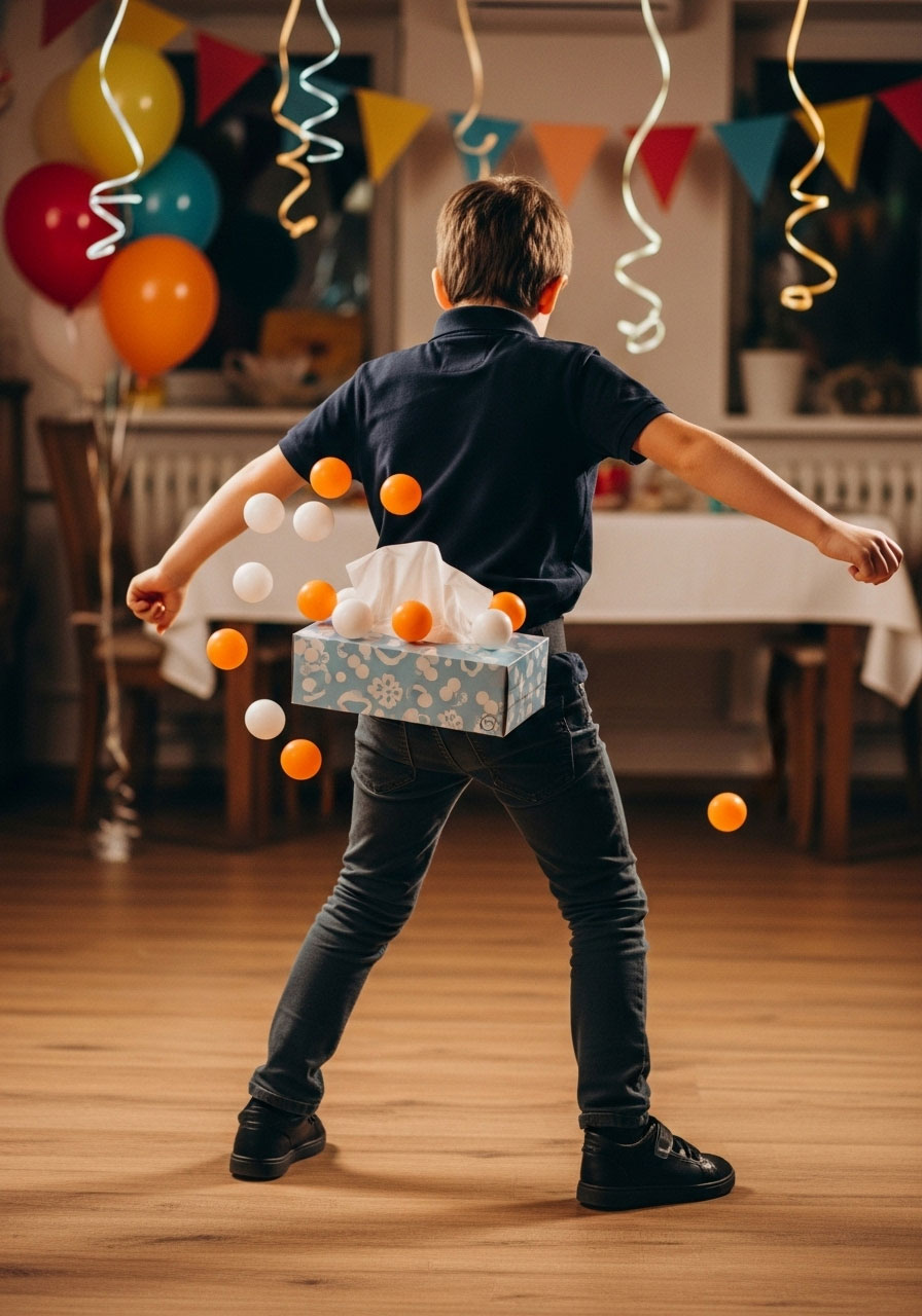 Child building cup pyramid during stack attack challenge at indoor birthday party