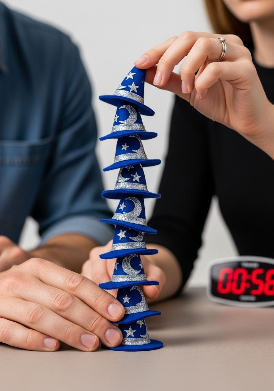 Minute to win it game stacking wizard party hats as tall tower for Harry Potter birthday challenge