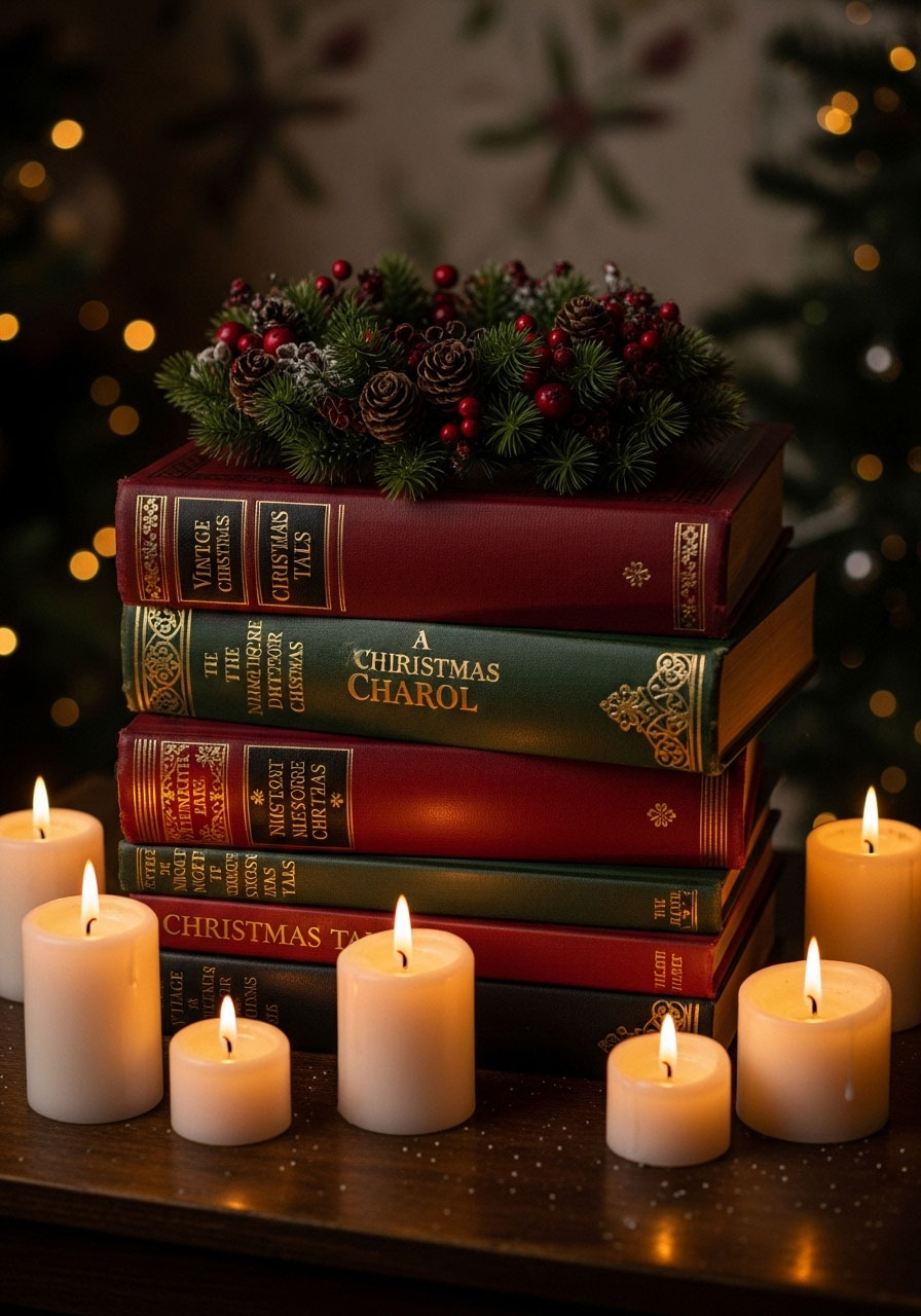 Stacked vintage Christmas book centerpiece with wreath and candles for cozy literary display