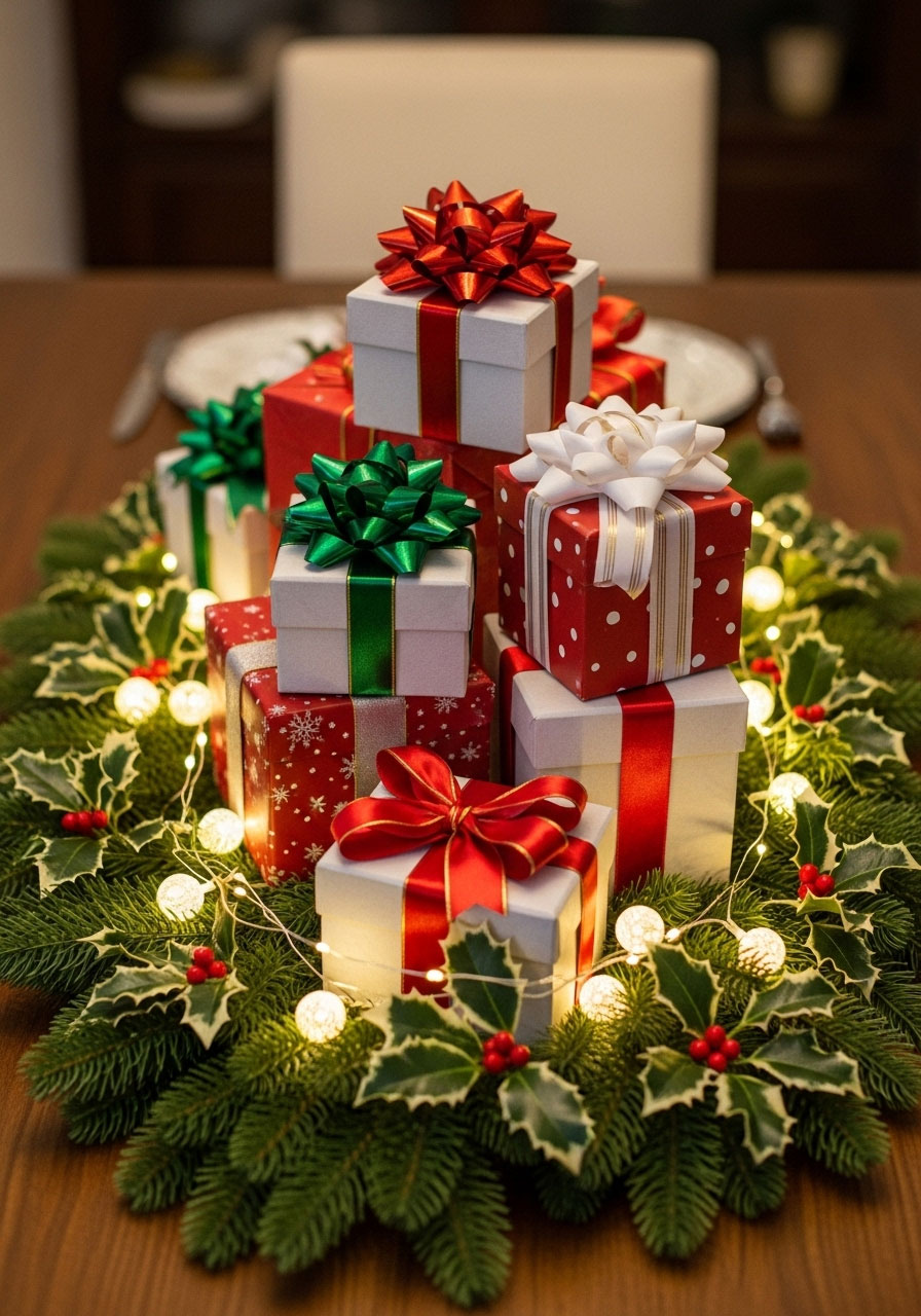 Stacked gift-wrapped box Christmas centerpiece with bow and greenery for easy height display