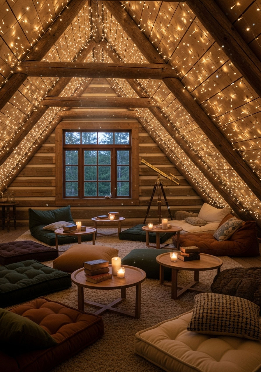 Cabin attic transformed into magical Christmas space with string lights on ceiling, floor seating, and telescope by window