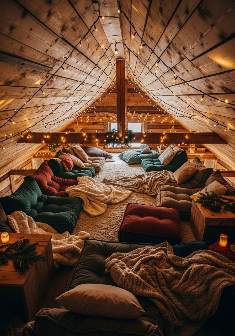 Cabin loft decorated with string lights on rafters, floor cushions, and minimal Christmas decor creating a magical starlit lounge space