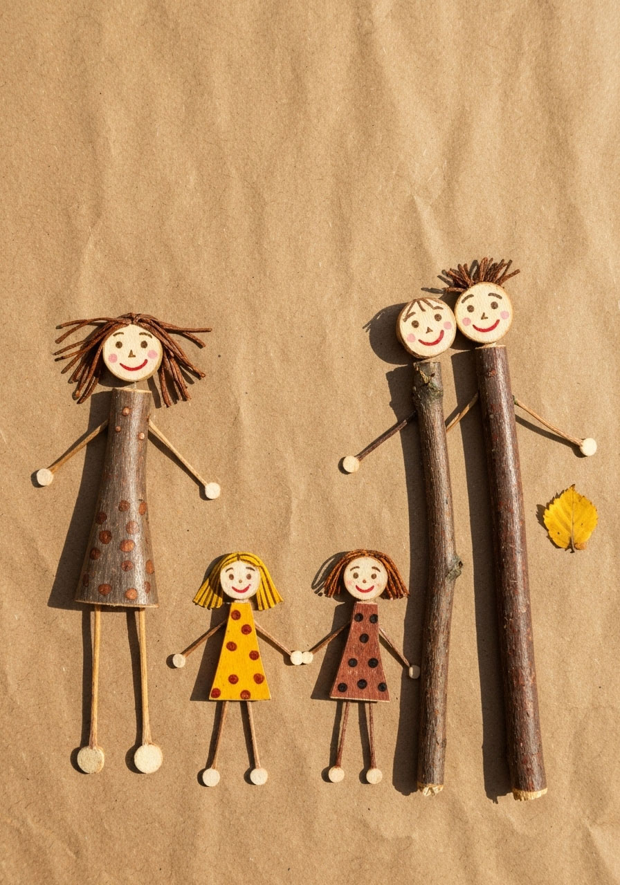 Stick family portrait craft with autumn nature materials for children