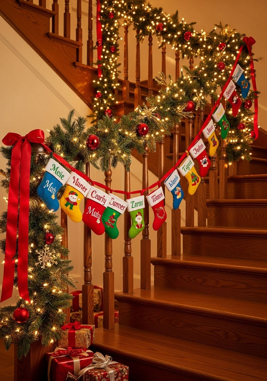 Finished stocking garland on staircase showing personalized stockings with names